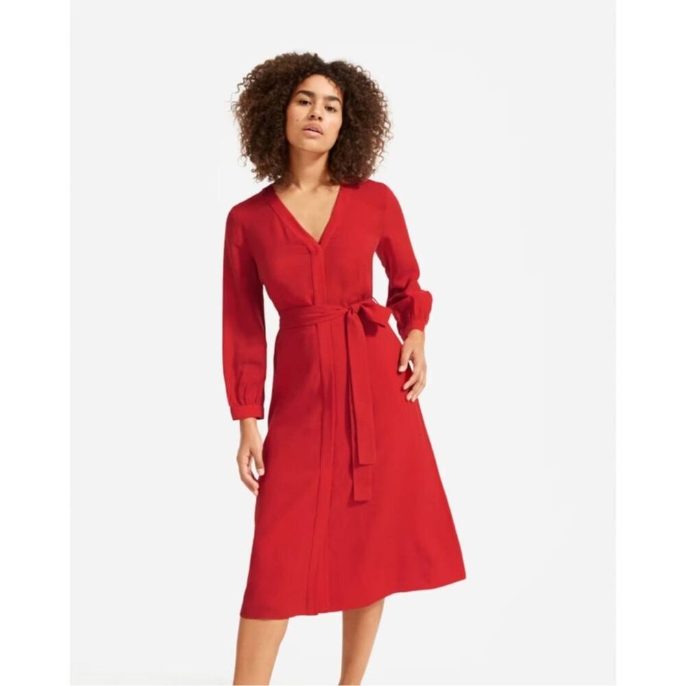 Everlane Cupro Midi Dress 6 Long Sleeve Casual Business Career Lightweight Red